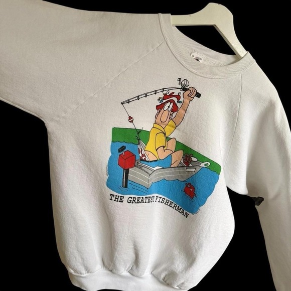 Fruit of the Loom Other - Sharky's 1989 Sweatshirt Sz XL Fishing Art‎ Funny Comic Raglan Sleeve White
